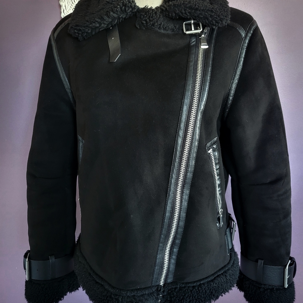 Zara Black Faux Suede Sherpa Lined Oversized Buckle Aviator Bomber Jacket Coat - Picture 7 of 14